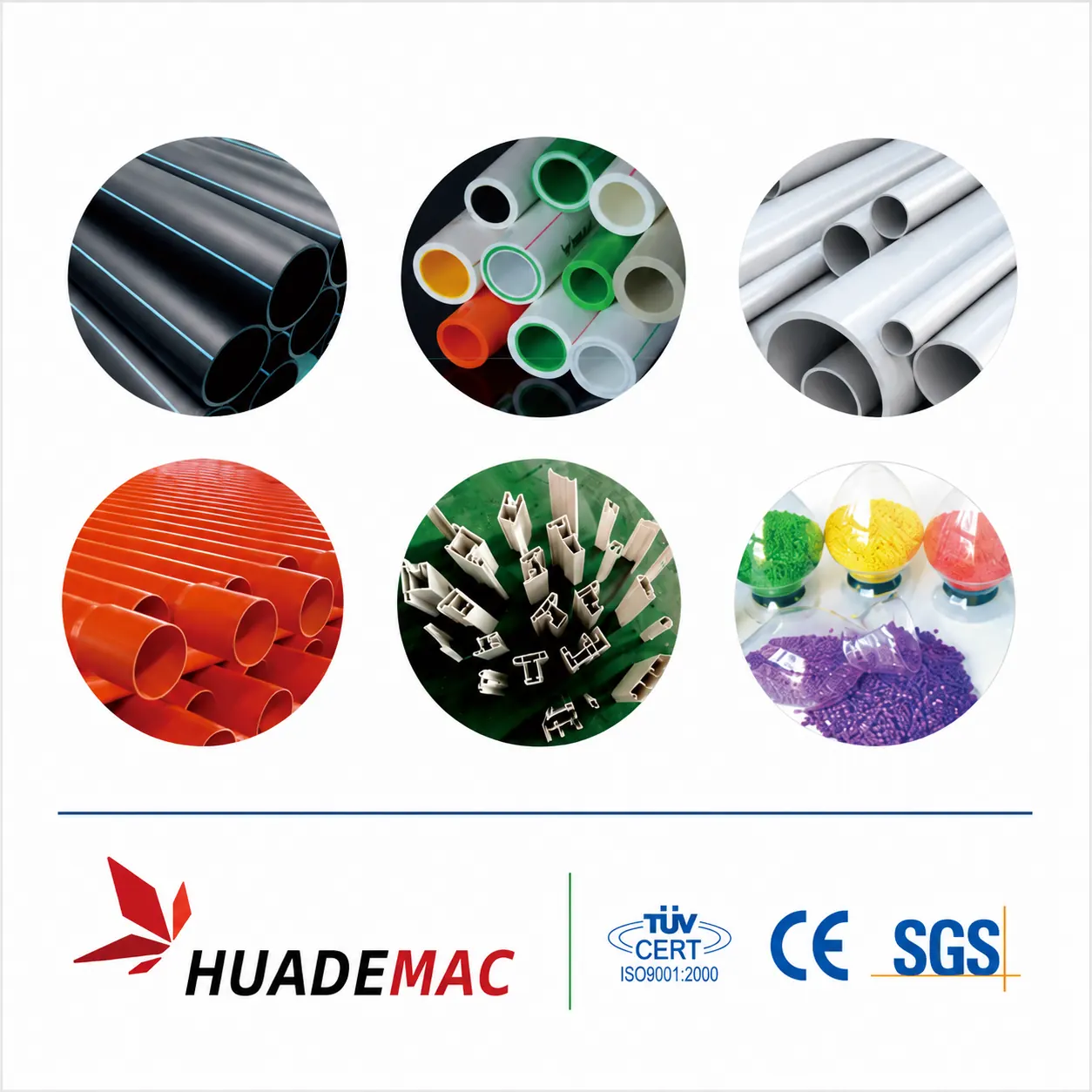 HUADEMAC product applications with TUV, CE and SGS certification marks
