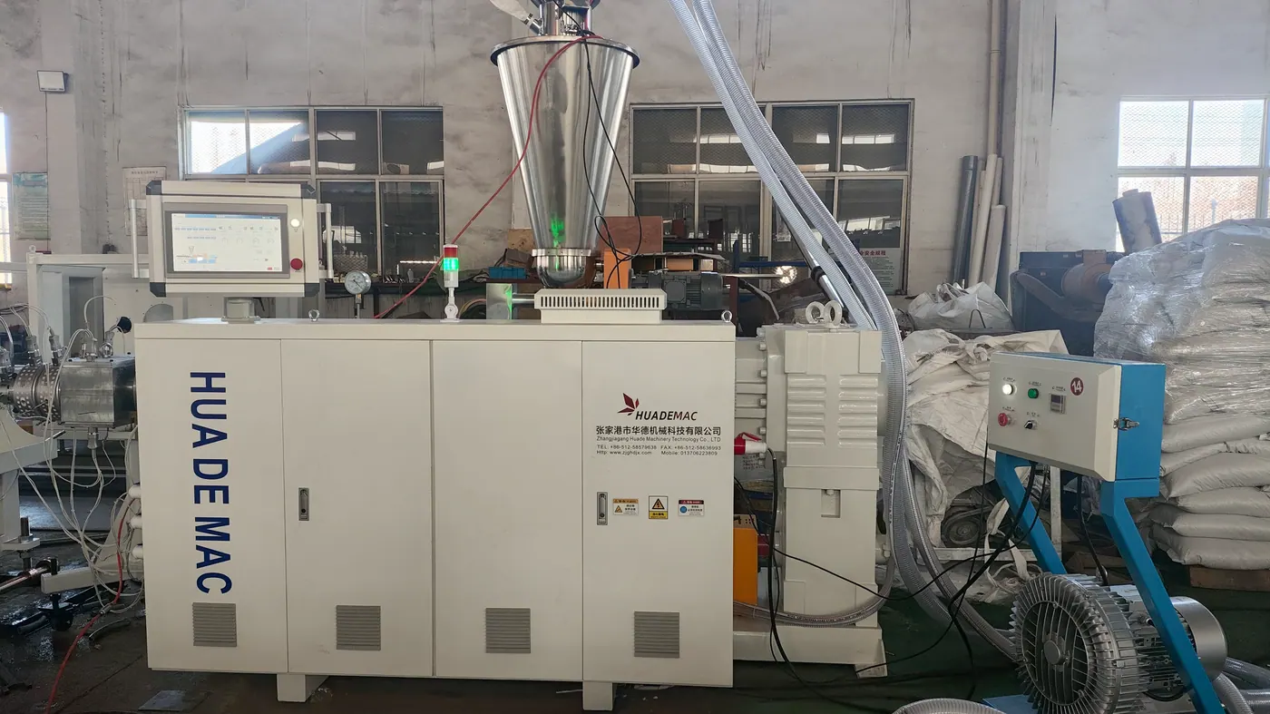 Control side view of the conical twin screw extruder for the 2 cavity PVC pipe production line