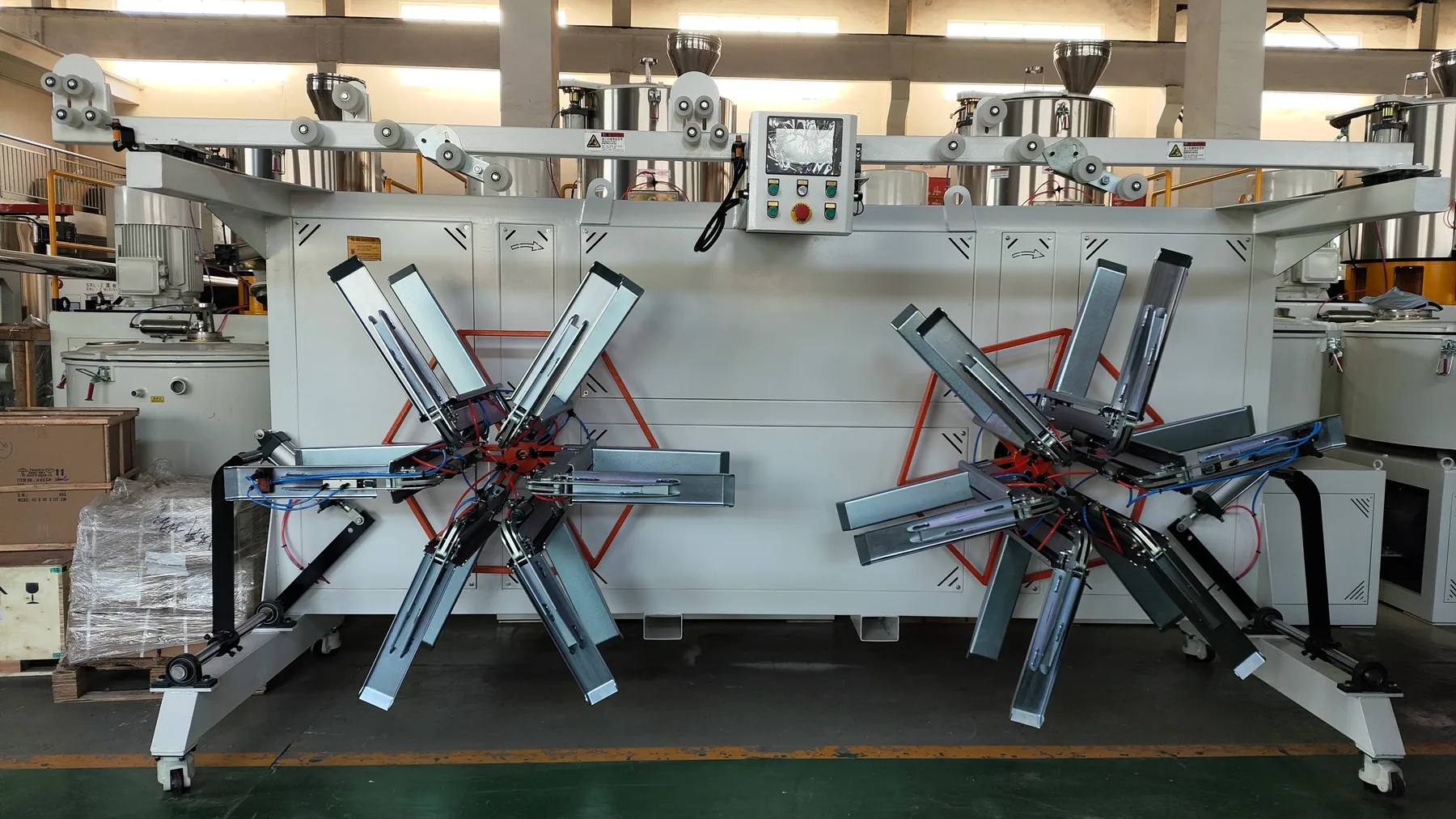 Double station PE PPR pipe coiling winder installed in workshop