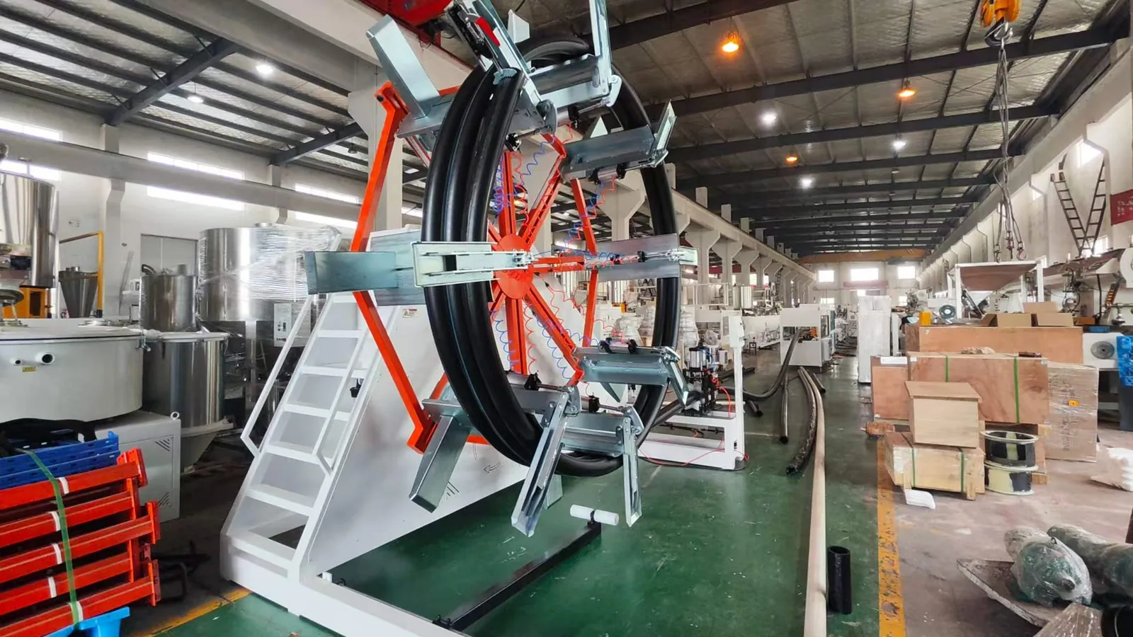 Finished plastic pipe coil on PE PPR pipe coiling winder