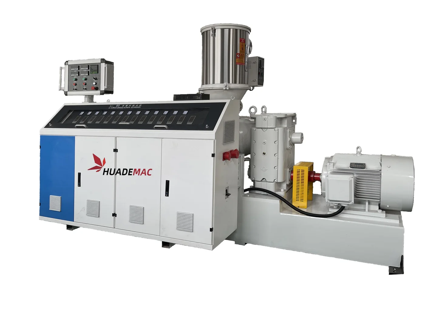 Single screw extruder machine with hopper, barrel, motor and control cabinet