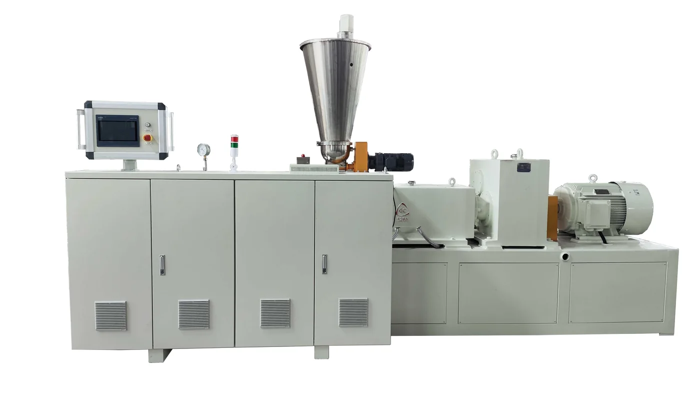 Horizontal PLC twin screw extruder product image on white background