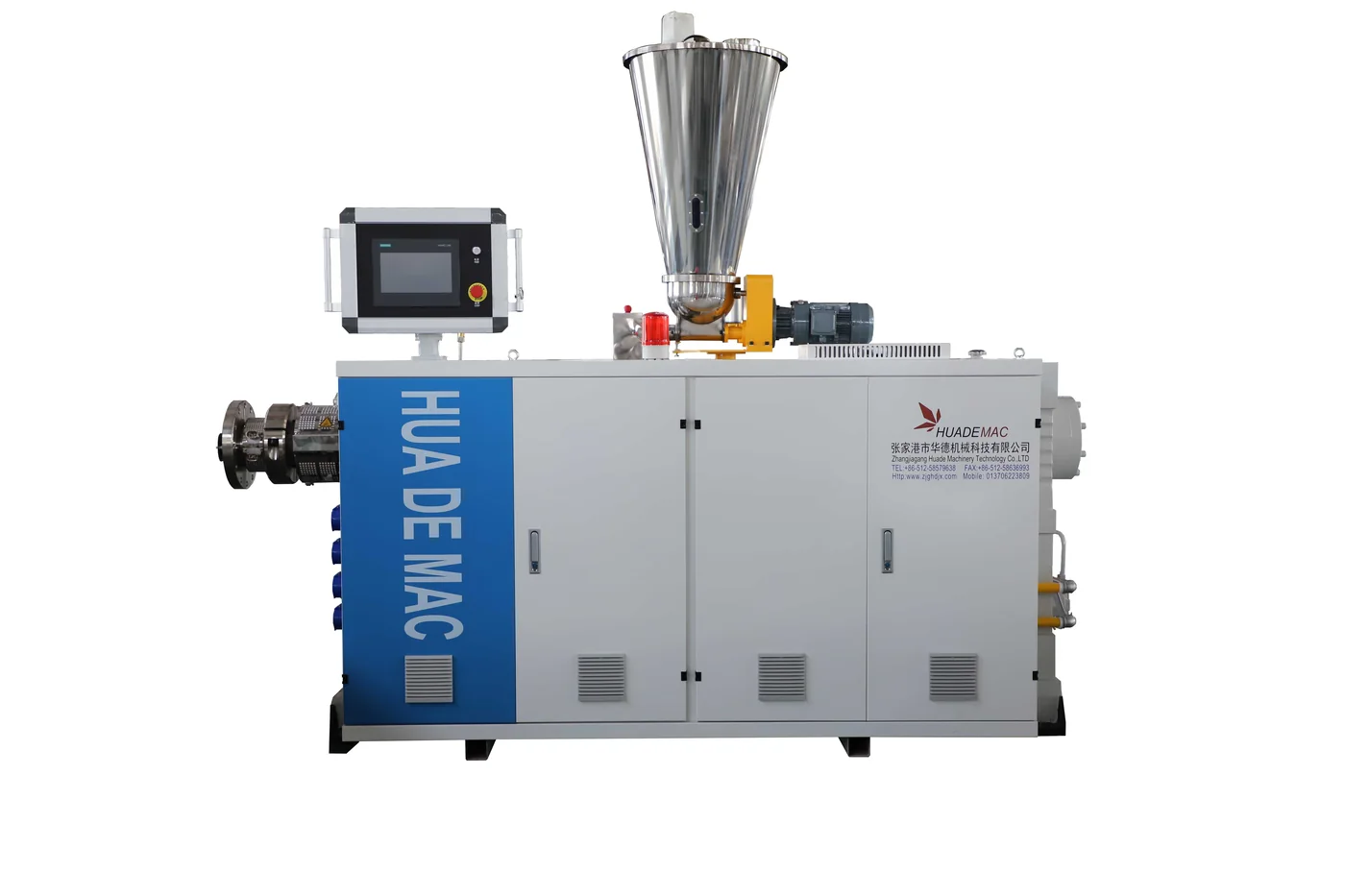 Vertical PLC twin screw extruder product image on white background